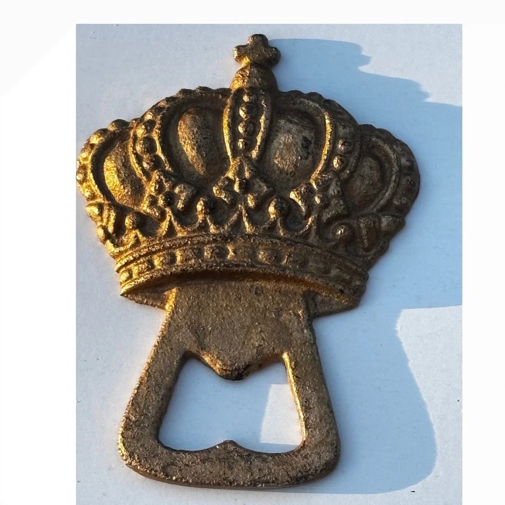 Vintage Cast Iron Crown Bottle Opener Gold Tone Rustic Barware Tool